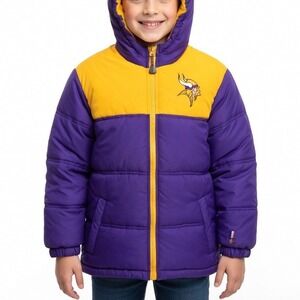 Pro Tuff Minnesota Vikings NFL Puffer‎ Jacket Kids Small 8 Purple Yellow Hooded